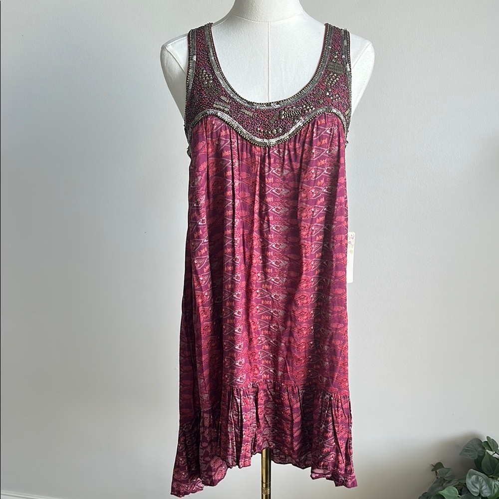 NWT Embellished Sequins Mini Swing Dress Tunic Size Small Lagenlook Boho Relaxed
